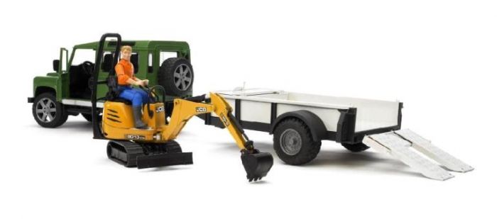 Bruder Land Rover Defender med släpvagn - JCB mikrogrävmaskin och figur